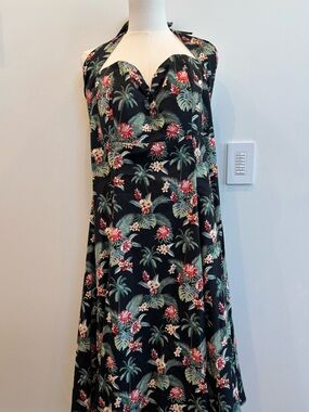 Heart of Haute NWT Black Cotton Tropical Hawaiian Halter Midi Dress Plus Size